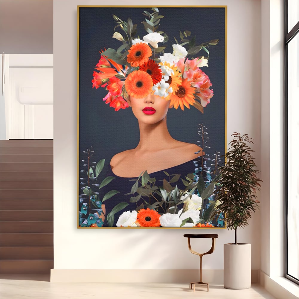 Tablou canvas cu tablou portret femeie cu flori, in rama de aluminiu auriu